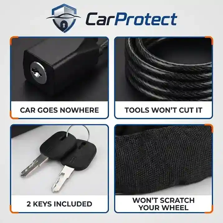 CarProtect Steering Wheel Lock feature panel: keyed lock body, braided cable, two keys and a wheel-protecting sleeve