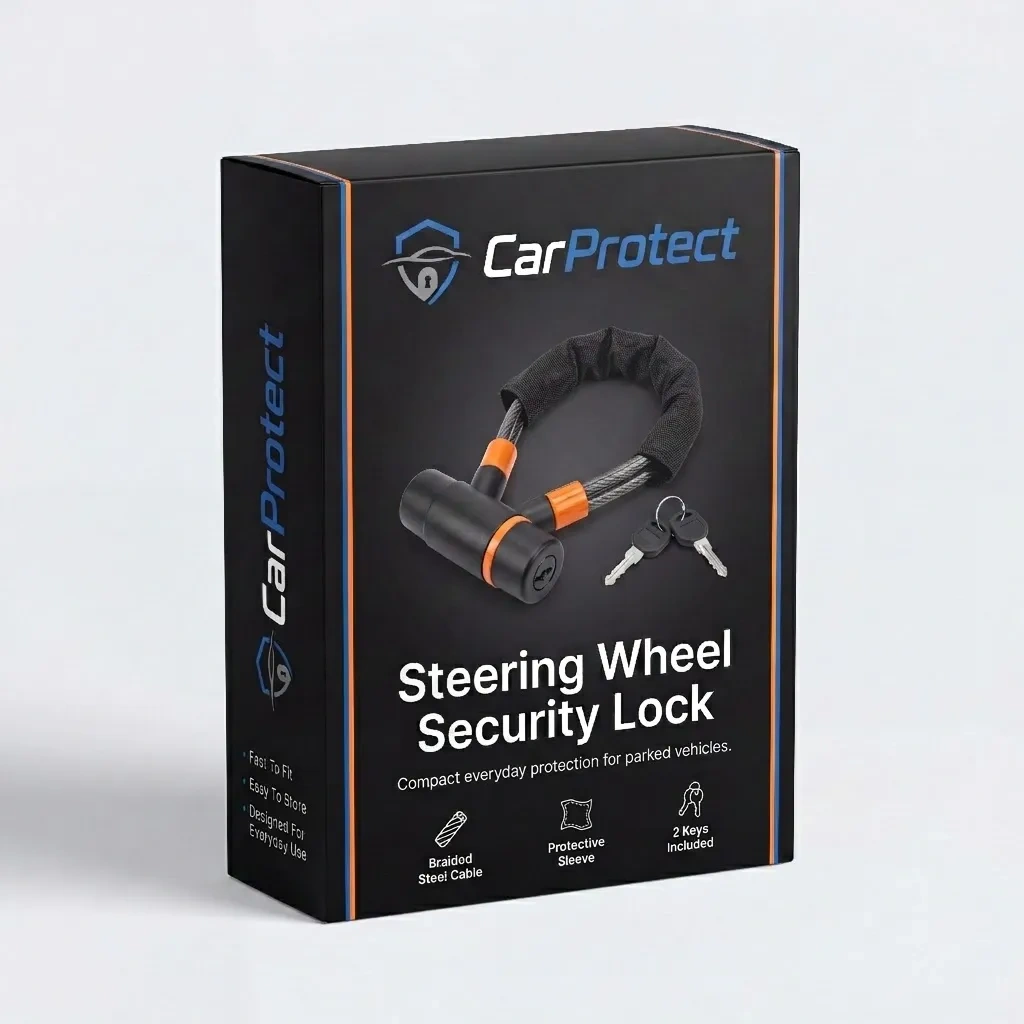 CarProtect Steering Wheel Lock retail box with braided steel cable, protective sleeve and two keys