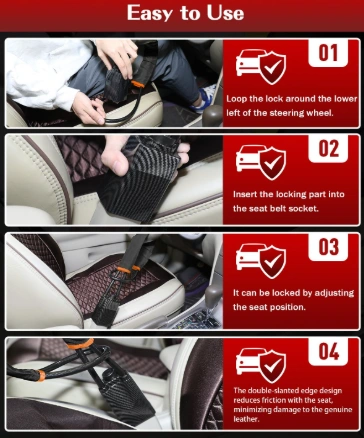 Four-step guide to fitting CarProtect: loop it round the wheel, insert the lock into the seatbelt socket, adjust the seat, then lock it