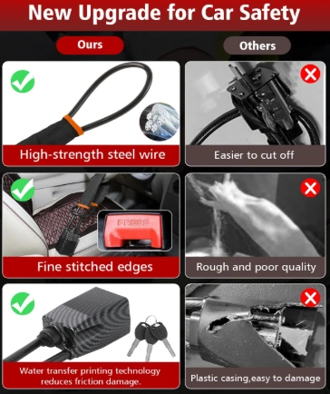Manufacturer comparison graphic contrasting this lock's steel wire and stitched edges with cheaper alternatives