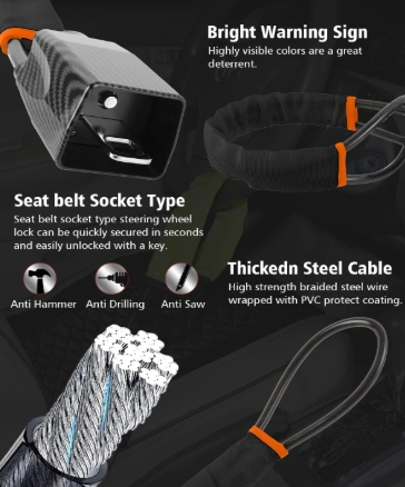 Manufacturer graphic: bright warning sleeve, seatbelt socket lock type and thickened steel cable