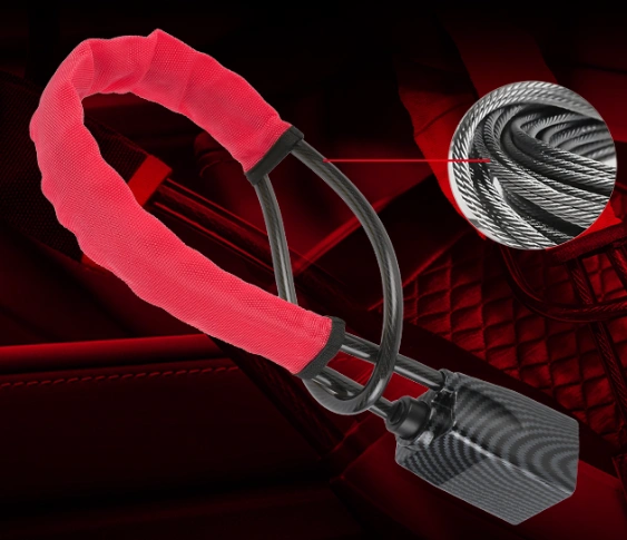 Close-up of the CarProtect lock's braided steel cable core beneath its protective sleeve