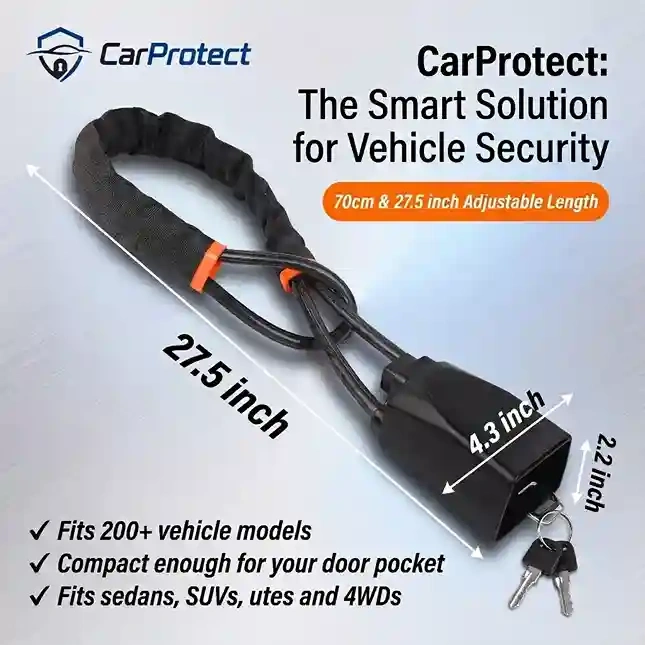 CarProtect Steering Wheel Lock dimensions: 27.5 inch adjustable length, 4.3 inch lock body, 2.2 inch depth, fits 200+ vehicle models