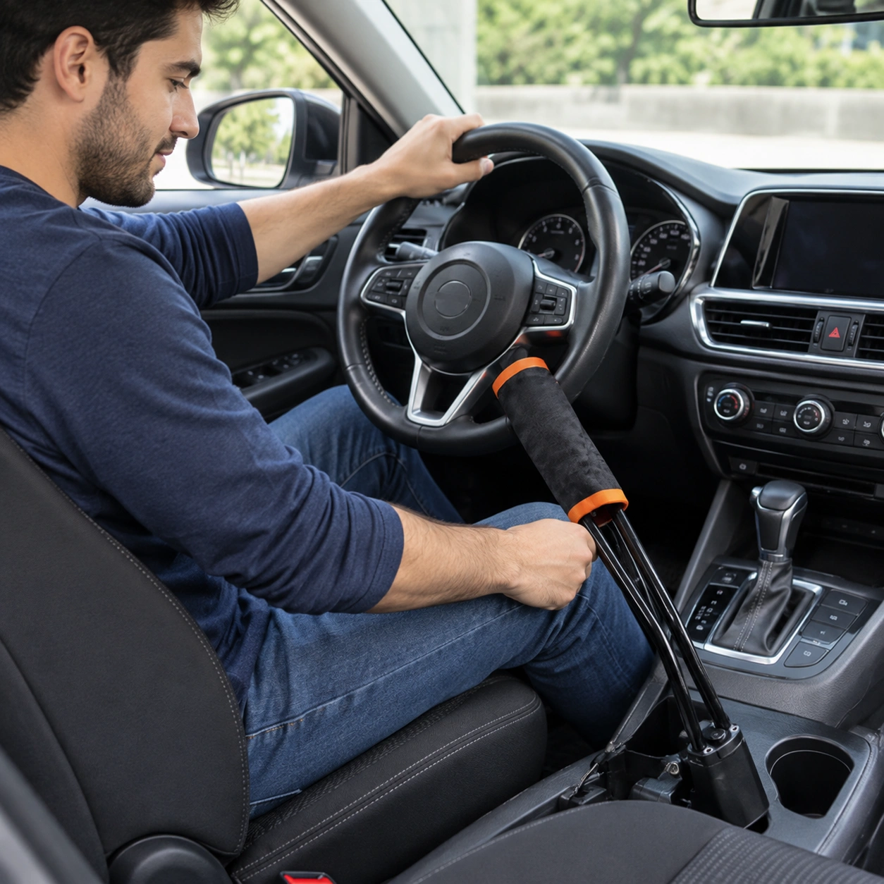 Driver fitting the CarProtect Steering Wheel Lock between the wheel and the seatbelt buckle