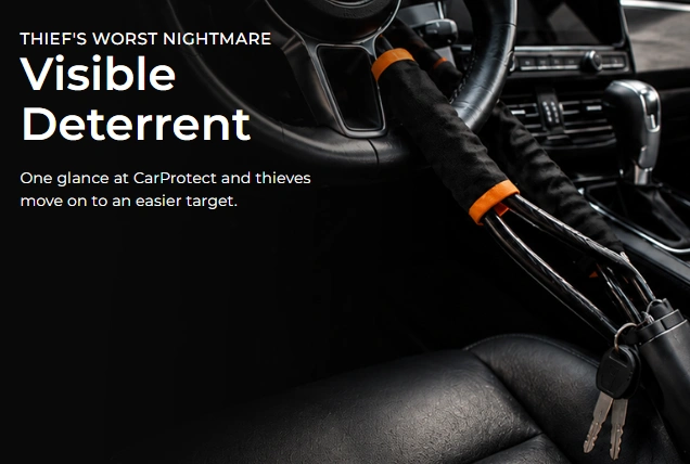 CarProtect Steering Wheel Lock fitted across a steering wheel as a visible theft deterrent
