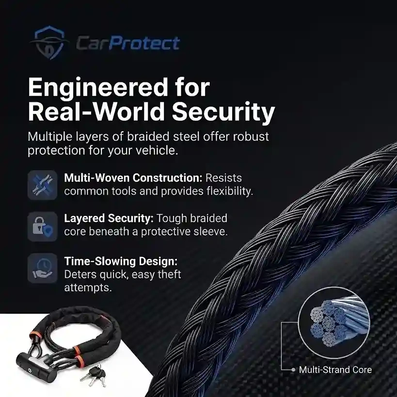 Manufacturer graphic: multi-woven braided steel construction, layered security and time-slowing design